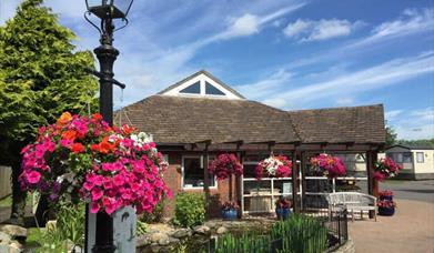 reception on a beautiful bright day with flowering hanging baskets