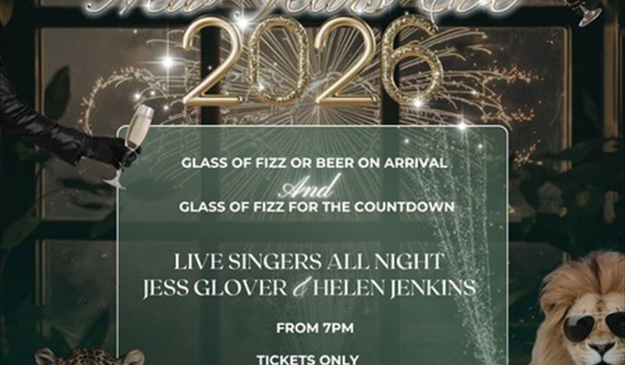 New Years Eve poster, featuring anthropomorphic lion and leopard wearing shades!