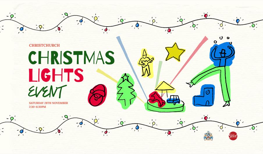 Illustrated poster for the Christchurch Christmas Lights Event on Saturday 28 November, 2:30–6:30pm. Colourful hand-drawn illustrations show Christmas