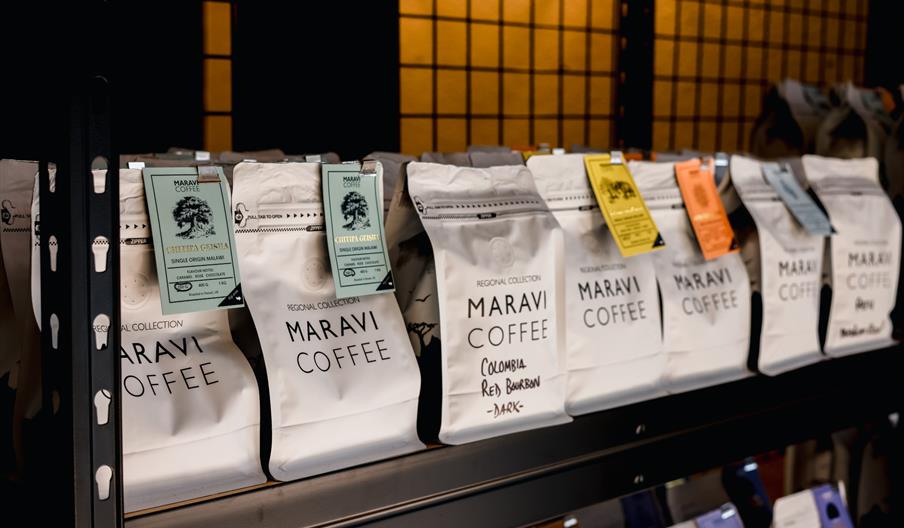 Maravi coffee beans on a shelf
