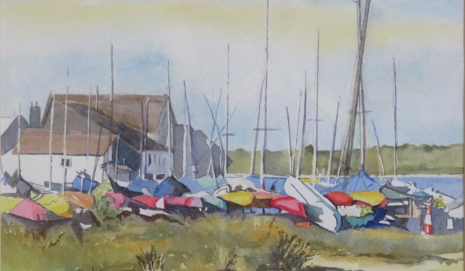 Water colour Painting of different coloured boats on the water side