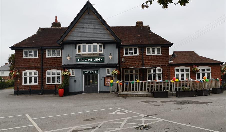 Outside on the pub on an overcast day.