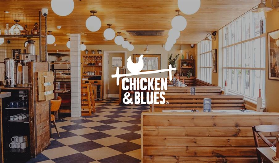 interior of restaurant with Chicken and Blues logo