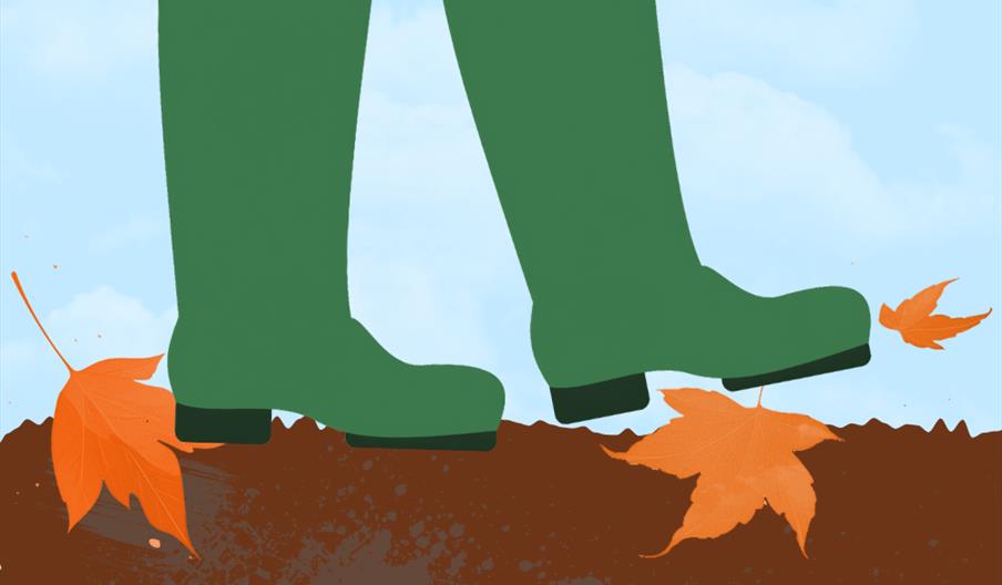 Illustration of a person walking through fallen autumn leaves