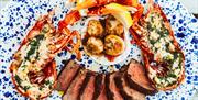 Surf and turf on blue plate