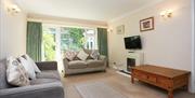 Lounge area with two sofas, flat screen TV and warm lights